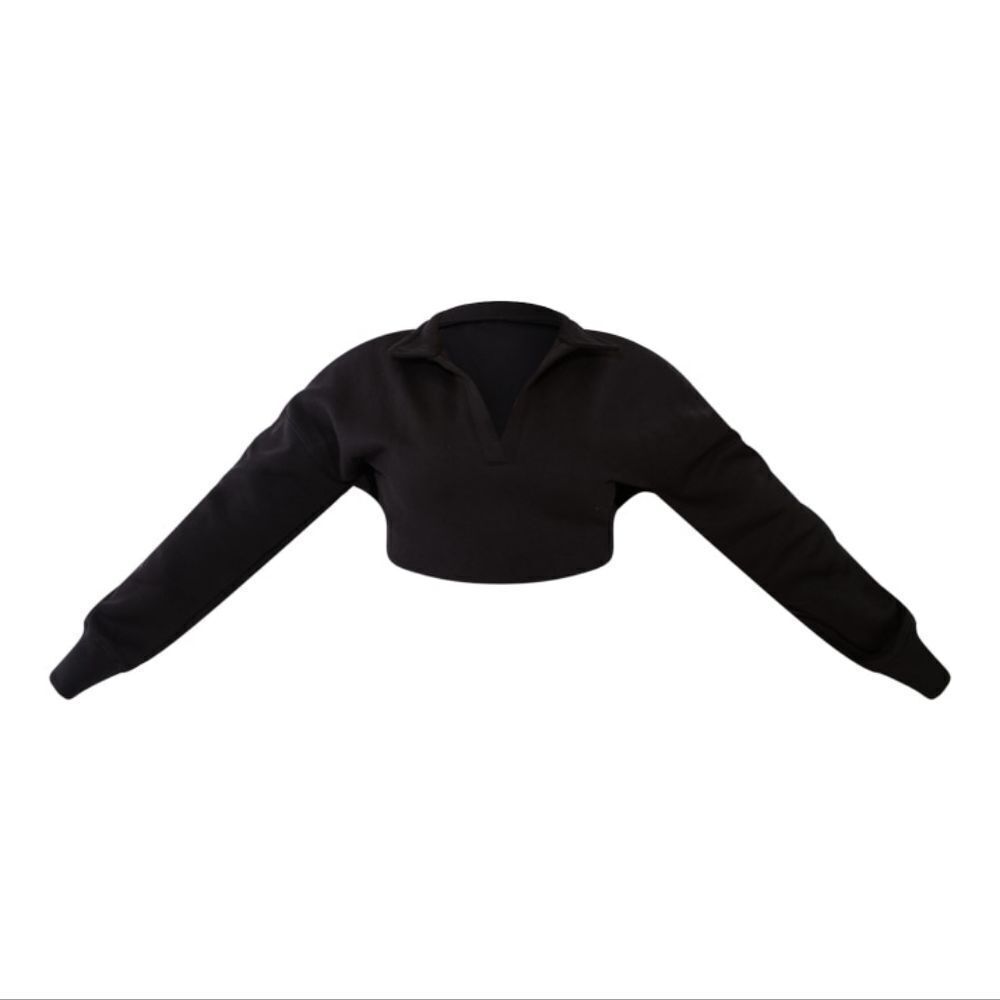 PrettyLittleThing Recycled Plus Black V Neck‎ Crop Sweatshirt Size 12 in Black - Picture 5 of 8